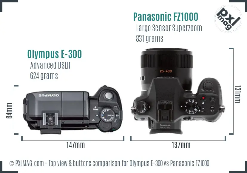 Olympus E-300 vs Panasonic FZ1000 top view buttons comparison