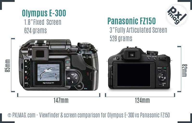 Olympus E-300 vs Panasonic FZ150 Screen and Viewfinder comparison