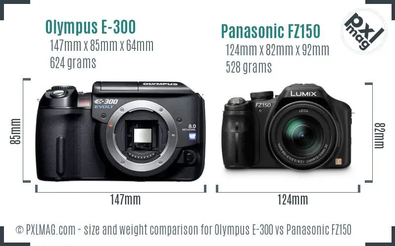 Olympus E-300 vs Panasonic FZ150 size comparison