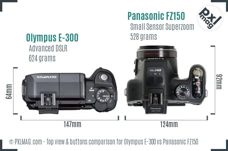 Olympus E-300 vs Panasonic FZ150 top view buttons comparison