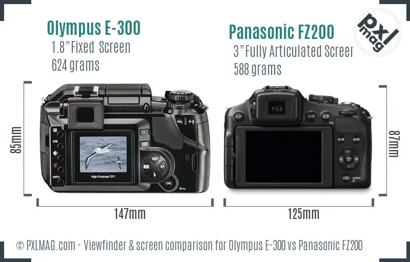 Olympus E-300 vs Panasonic FZ200 Screen and Viewfinder comparison