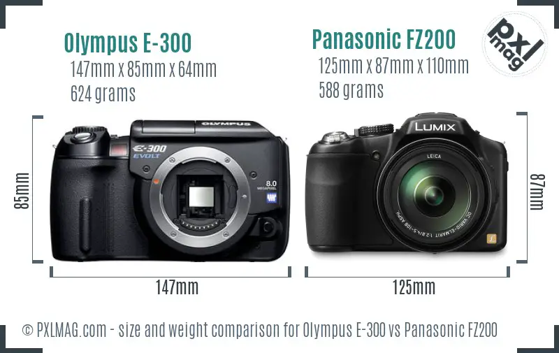 Olympus E-300 vs Panasonic FZ200 size comparison