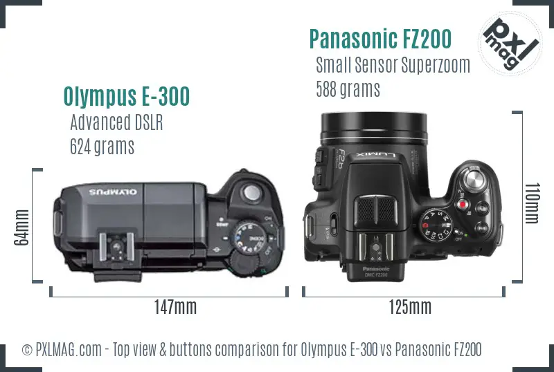 Olympus E-300 vs Panasonic FZ200 top view buttons comparison