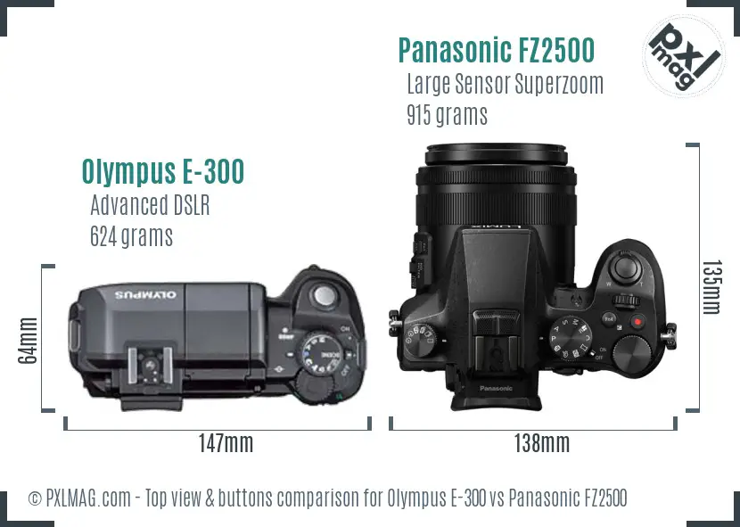 Olympus E-300 vs Panasonic FZ2500 top view buttons comparison