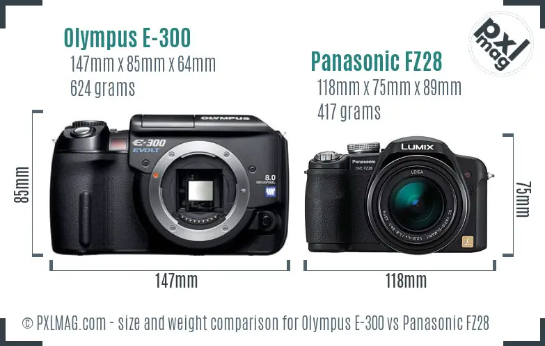 Olympus E-300 vs Panasonic FZ28 size comparison