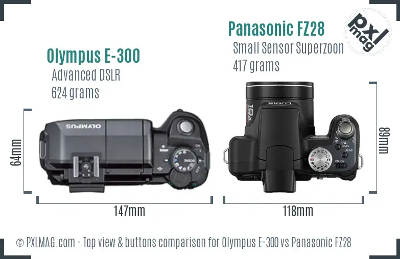 Olympus E-300 vs Panasonic FZ28 top view buttons comparison