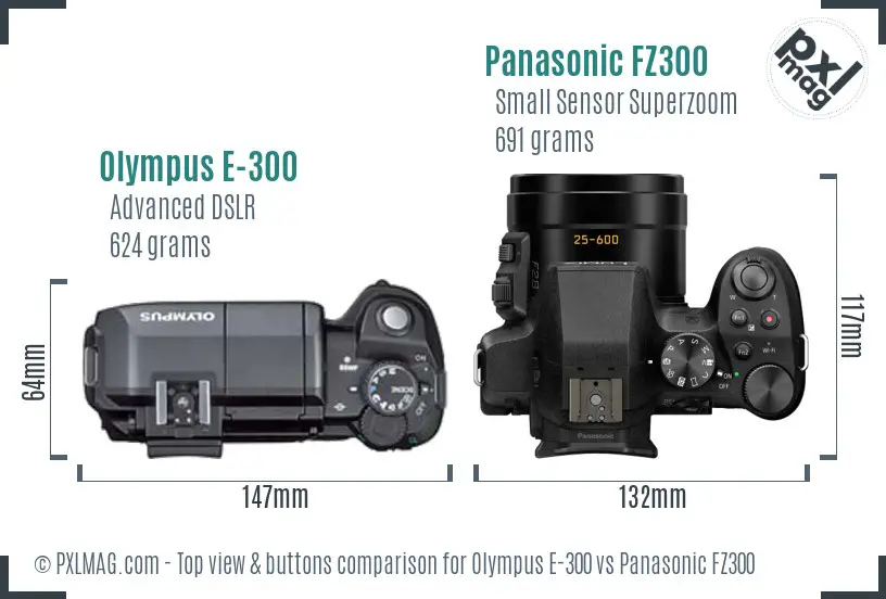 Olympus E-300 vs Panasonic FZ300 top view buttons comparison