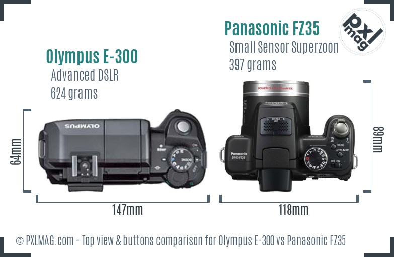 Olympus E-300 vs Panasonic FZ35 top view buttons comparison