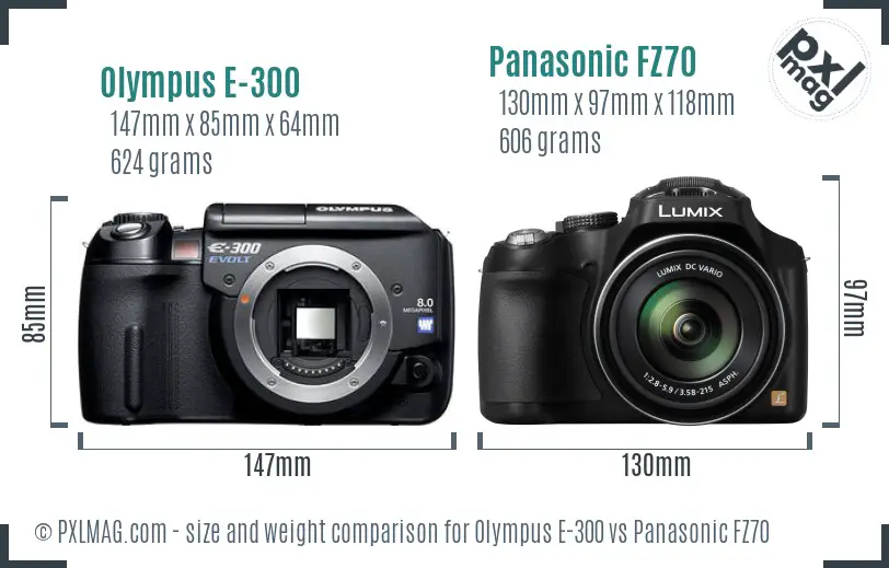 Olympus E-300 vs Panasonic FZ70 size comparison