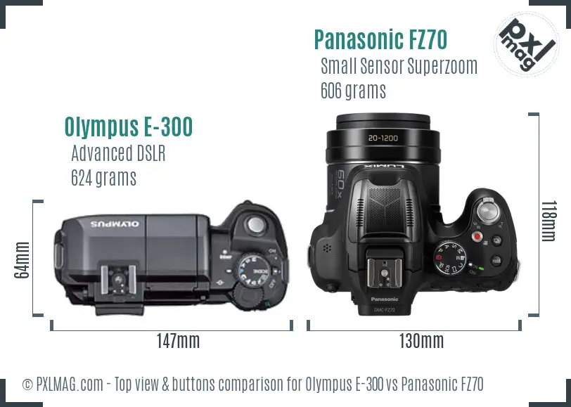 Olympus E-300 vs Panasonic FZ70 top view buttons comparison