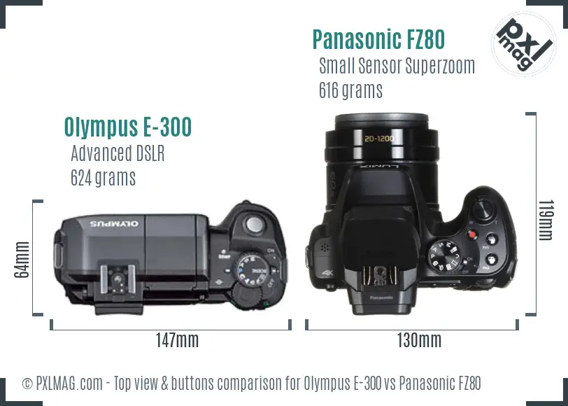 Olympus E-300 vs Panasonic FZ80 top view buttons comparison