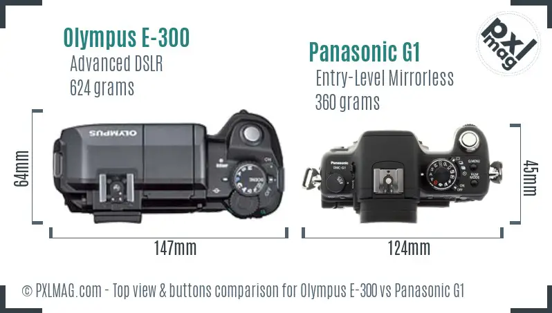 Olympus E-300 vs Panasonic G1 top view buttons comparison