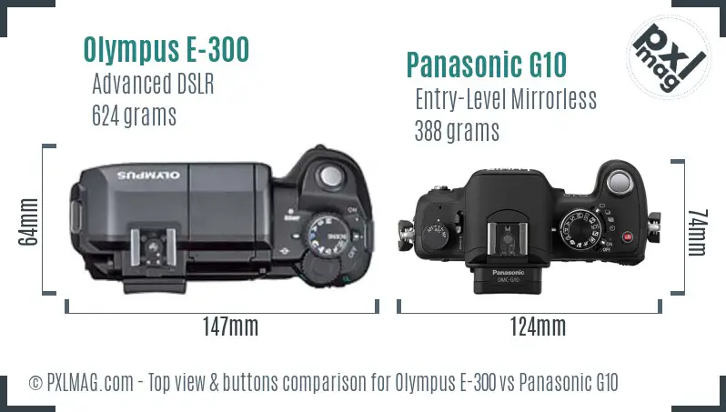 Olympus E-300 vs Panasonic G10 top view buttons comparison