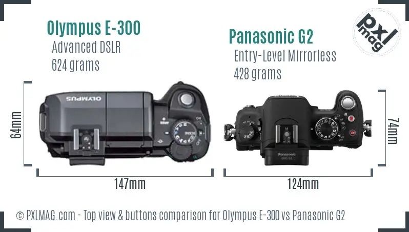 Olympus E-300 vs Panasonic G2 top view buttons comparison