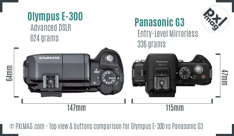 Olympus E-300 vs Panasonic G3 top view buttons comparison