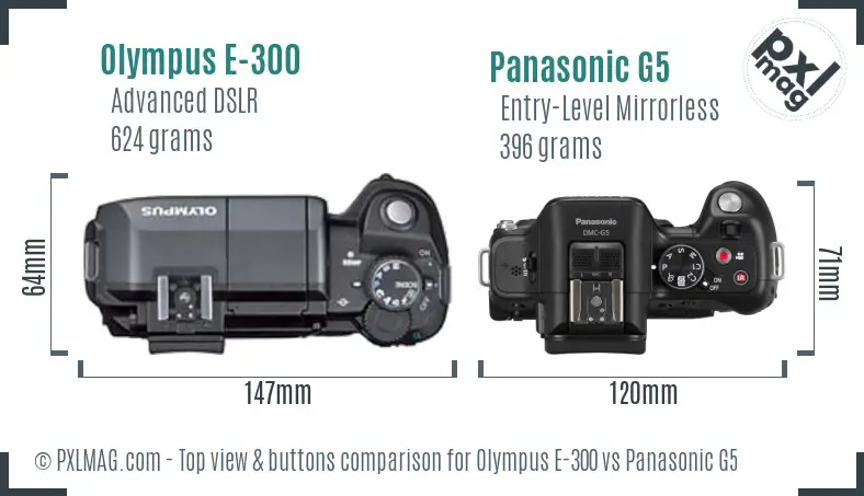 Olympus E-300 vs Panasonic G5 top view buttons comparison