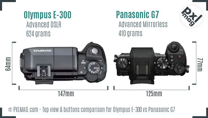 Olympus E-300 vs Panasonic G7 top view buttons comparison