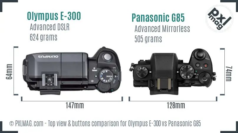 Olympus E-300 vs Panasonic G85 top view buttons comparison