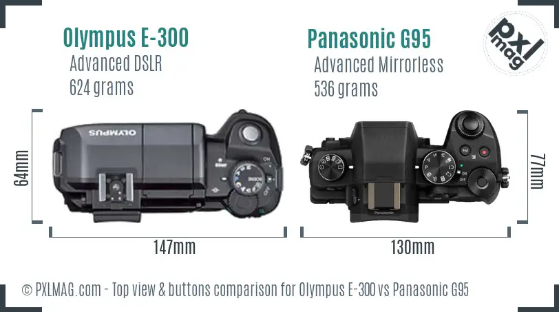 Olympus E-300 vs Panasonic G95 top view buttons comparison