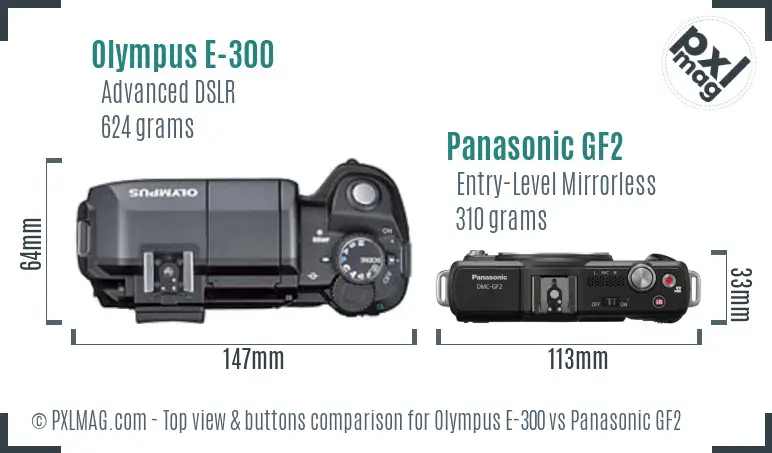 Olympus E-300 vs Panasonic GF2 top view buttons comparison