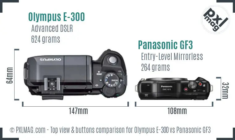 Olympus E-300 vs Panasonic GF3 top view buttons comparison