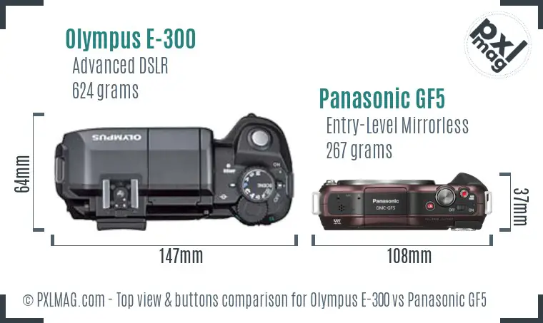 Olympus E-300 vs Panasonic GF5 top view buttons comparison