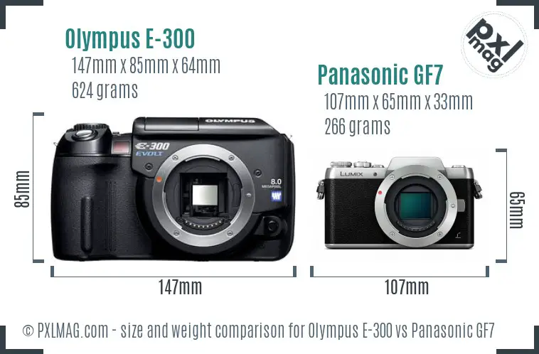 Olympus E-300 vs Panasonic GF7 size comparison