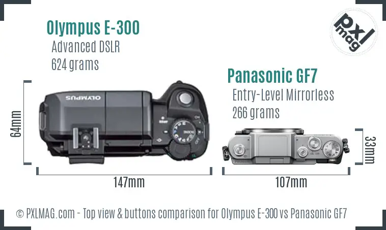 Olympus E-300 vs Panasonic GF7 top view buttons comparison