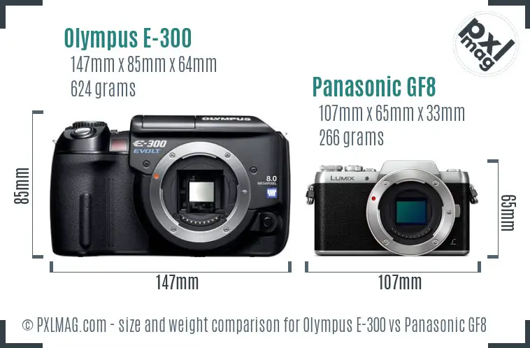 Olympus E-300 vs Panasonic GF8 size comparison