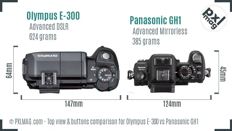 Olympus E-300 vs Panasonic GH1 top view buttons comparison