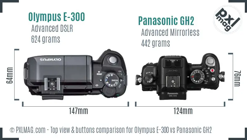 Olympus E-300 vs Panasonic GH2 top view buttons comparison