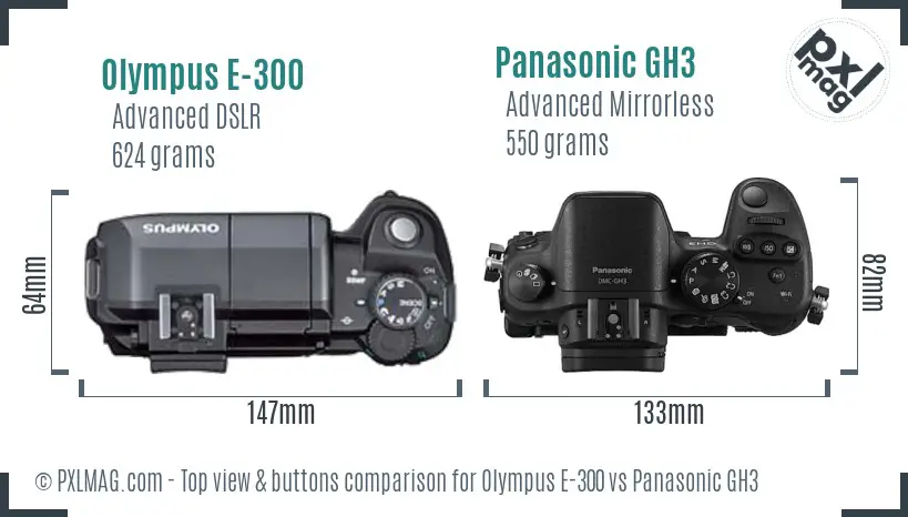 Olympus E-300 vs Panasonic GH3 top view buttons comparison