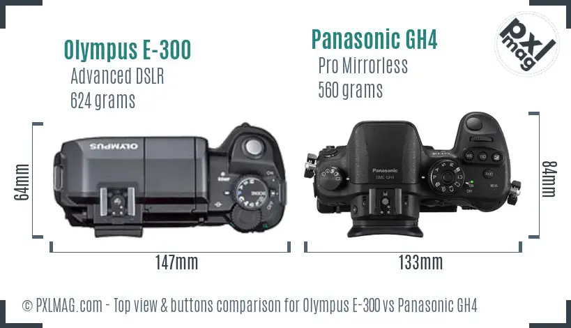 Olympus E-300 vs Panasonic GH4 top view buttons comparison