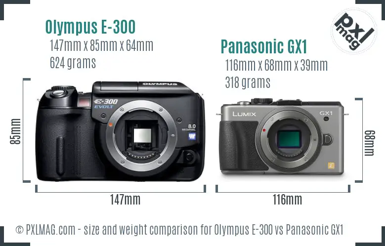 Olympus E-300 vs Panasonic GX1 size comparison Olympus E-300 vs Panasonic GX1 size comparison