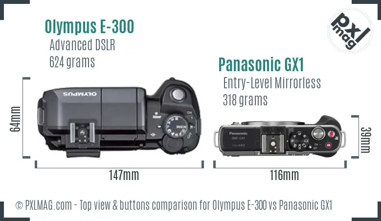 Olympus E-300 vs Panasonic GX1 top view buttons comparison