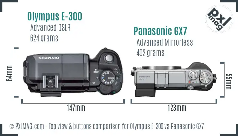 Olympus E-300 vs Panasonic GX7 top view buttons comparison