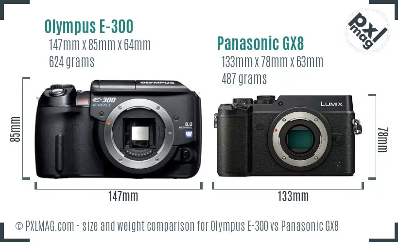 Olympus E-300 vs Panasonic GX8 size comparison