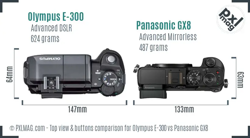 Olympus E-300 vs Panasonic GX8 top view buttons comparison