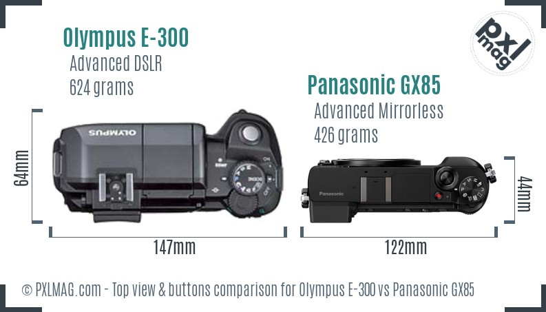 Olympus E-300 vs Panasonic GX85 top view buttons comparison