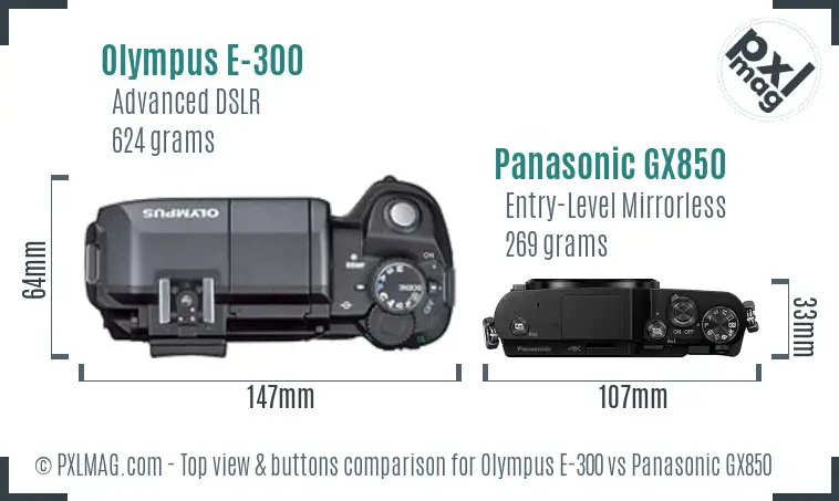 Olympus E-300 vs Panasonic GX850 top view buttons comparison Olympus E-300 vs Panasonic GX850 top view buttons comparison