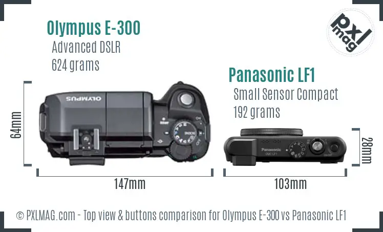 Olympus E-300 vs Panasonic LF1 top view buttons comparison