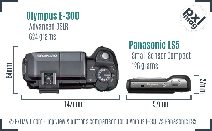 Olympus E-300 vs Panasonic LS5 top view buttons comparison