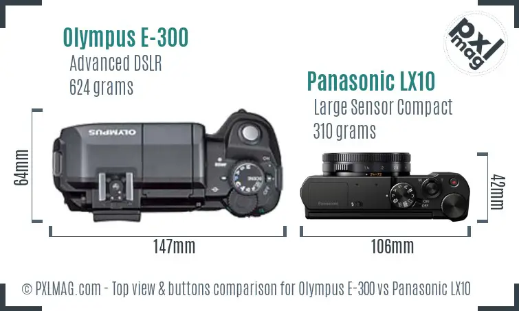 Olympus E-300 vs Panasonic LX10 top view buttons comparison