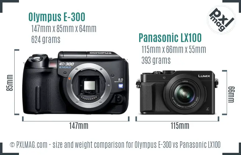 Olympus E-300 vs Panasonic LX100 size comparison