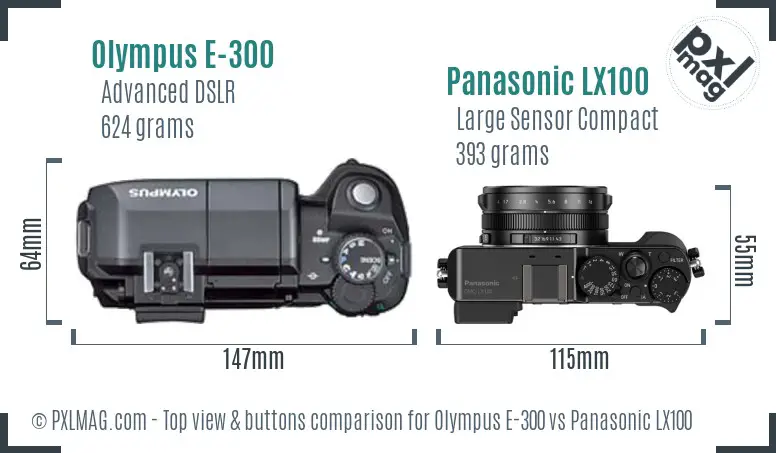 Olympus E-300 vs Panasonic LX100 top view buttons comparison