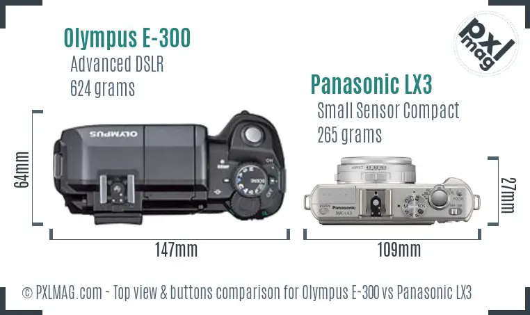 Olympus E-300 vs Panasonic LX3 top view buttons comparison