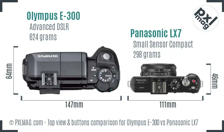 Olympus E-300 vs Panasonic LX7 top view buttons comparison