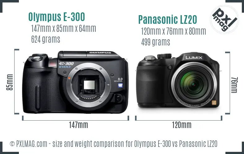 Olympus E-300 vs Panasonic LZ20 size comparison