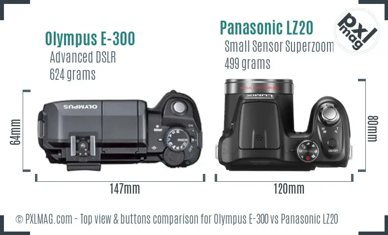Olympus E-300 vs Panasonic LZ20 top view buttons comparison