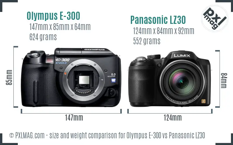 Olympus E-300 vs Panasonic LZ30 size comparison